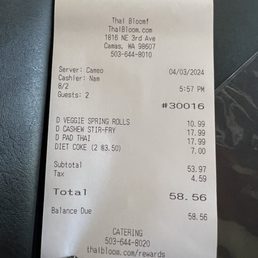 58 bucks for two entrees, rice, appetizer, and drinks Not bad ! Great price 58 bucks for two entrees, rice, appetizer, and drinks Not bad ! Great price