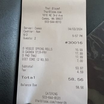 Thai Bloom - 58 bucks for two entrees, rice, appetizer, and drinks Not bad ! Great price - Thai Near Me - Camas, Washington Thai Bloom - 58 bucks for two entrees, rice, appetizer, and drinks Not bad ! Great price - Thai Near Me - Camas, Washington