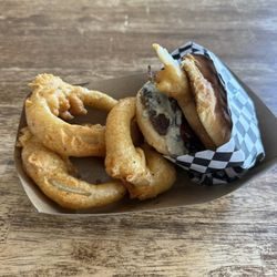 Bacon bleu burger and onion rings