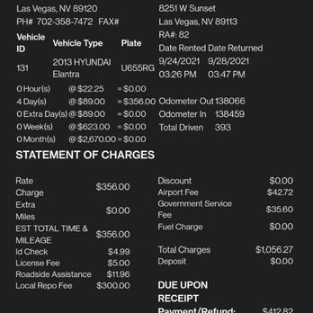 Empire Car Rental - My ending invoice. It's laughable!! They are literally ripping me off. Ignored me more than half a day requesting assistance. - Car Rental Near Me - Las Vegas, Nevada Empire Car Rental - My ending invoice. It's laughable!! They are literally ripping me off. Ignored me more than half a day requesting assistance. - Car Rental Near Me - Las Vegas, Nevada