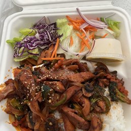 Spicy chicken BBQ rice plate with side salad $22.99 Spicy chicken BBQ rice plate with side salad $22.99