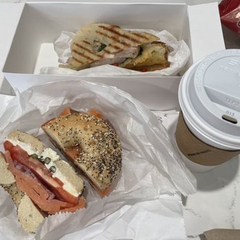Crestline Bagel Co - Nova+cream cheese on everything bagel, Chicken sandwich, dark roasted coffee - Bagels Near Me - Vestavia Hills, Alabama