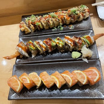 Daigo - bottom to top: salmon citrus roll, dragon roll, hanabi roll - Sushi Bars Near Me - Palo Alto, California