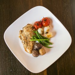 Padre Canyon Foods - Herb Roasted Chicken, fingerling potatoes, french green bean, pearl onion with scorched tomato.