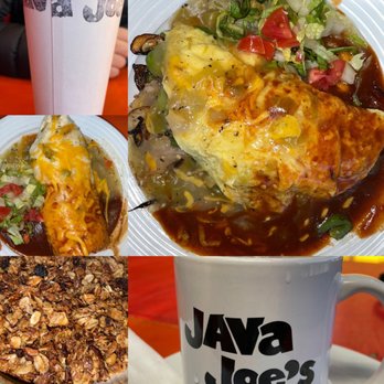 Java Joe's - A collage featuring a coffee cup from Java Joe's, a breakfast dish with cheese, vegetables, and sauce, and a granola bar, all set on a red table. - Coffee & Tea Near Me - Albuquerque, New Mexico