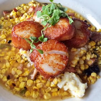Hooked - Scallops w/ corn n' poblano, chessy grits, applewood bacon broth - Seafood Near Me - Ocean City, Maryland Hooked - Scallops w/ corn n' poblano, chessy grits, applewood bacon broth - Seafood Near Me - Ocean City, Maryland