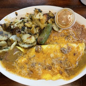 Rodeo Cafe - Beef Chile Rojo Omelette- with beans and house potatoes - Breakfast & Brunch Near Me - Riverside, California