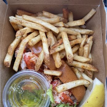 Lobster Guys - Classic (just butter and lemon) lobster role with a side of fries. - Seafood Near Me - Long Beach, California