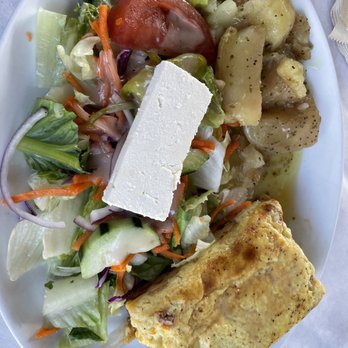 Olympic Cafe - Pastitsio, greek salad and roasted potatoes - Mediterranean Near Me - San Diego, California