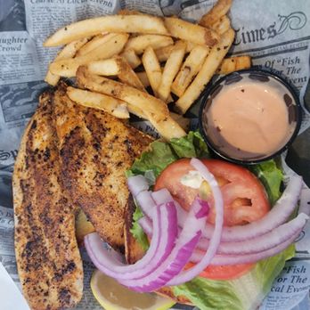 Tranquil Harbour Restaurant & Bar - Blackened Pompano sandwich & fries. All were delicious! More here than it appears!! - Seafood Near Me - Oak Island, North Carolina Tranquil Harbour Restaurant & Bar - Blackened Pompano sandwich & fries. All were delicious! More here than it appears!! - Seafood Near Me - Oak Island, North Carolina