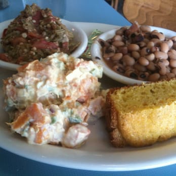 High Hat Cafe - Veggie plate lunch- okra & tomatoes, smoky black-eyed peas, sweet potato salad, & cornbread - Southern Near Me - New Orleans, Louisiana