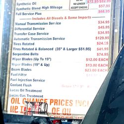 Dj's Oil Change - Price list