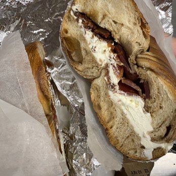 La Bagel Delight at Dumbo - cinnamon raisin bagel w cream cheese and bacon - Bagels Near Me - Brooklyn, New York La Bagel Delight at Dumbo - cinnamon raisin bagel w cream cheese and bacon - Bagels Near Me - Brooklyn, New York