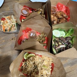 Pad Thai, Som Tam (Papaya salad), Moo Satay (Pork Satay), Grilled Chicken Wings, Fried Party Wings, Short Rib Nam Tok