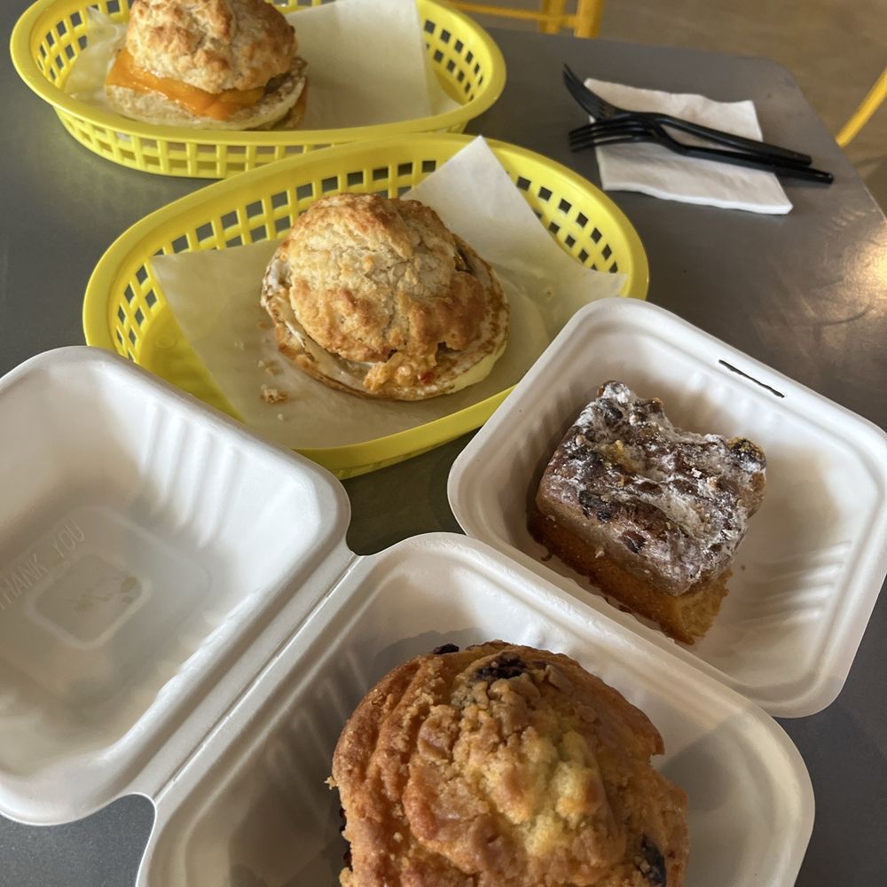 Crumb cake, blueberry muffin, sausage egg and cheese biscuits, Crumb cake, blueberry muffin, sausage egg and cheese biscuits,