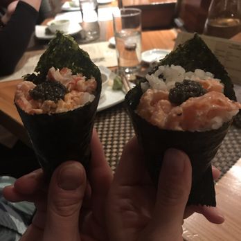 Sushi Den - Snow crab hand roll on the left, salmon tartare hand roll on the right. - Japanese Near Me - Denver, Colorado Sushi Den - Snow crab hand roll on the left, salmon tartare hand roll on the right. - Japanese Near Me - Denver, Colorado