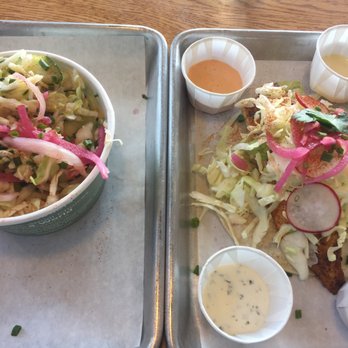 Slapfish - Yummy street grilled fish taco and virgin cucumber salad at Slapfish.  Great after doing my chores at the stables this morning! - Seafood Near Me - Albuquerque, New Mexico