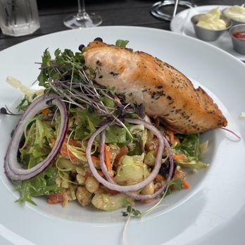 Brussels Bistro - Mediterranean Quinoa Salad with Roasted Salmon - Belgian Near Me - Laguna Beach, California