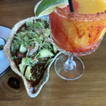 Suculenta Cocina - chiviche levanta muertos and a mango tajin frozen margarita - Food Trucks Near Me - Pflugerville, Texas Suculenta Cocina - chiviche levanta muertos and a mango tajin frozen margarita - Food Trucks Near Me - Pflugerville, Texas