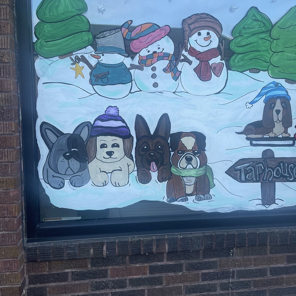 Two Dogs Taphouse - Adorable Christmas window art outside - Burgers Near Me - McMinnville, Oregon Two Dogs Taphouse - Adorable Christmas window art outside - Burgers Near Me - McMinnville, Oregon