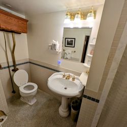 Delta King - Room 439 bathroom with delightful brass and tile highlights