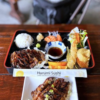 Harumi Sushi - BBQ Ribs aka Galbi (App-$13.95) + Bento Box w/ beef teriyaki, tempura, salmon sashimi, salad, rice, miso soup not shown ($20.95) - Japanese Near Me - Cupertino, California
