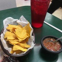 a bowl of chips and a drink a bowl of chips and a drink
