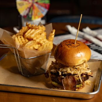 Landmark Bar & Kitchen - BBQ Brisket Burger - House Smoked Brisket, Aged Cheddar, Crisp Bacon, Onion Strings, Pickles, TX Whiskey BBQ Sauce - Salad Near Me - Fort Worth, Texas Landmark Bar & Kitchen - BBQ Brisket Burger - House Smoked Brisket, Aged Cheddar, Crisp Bacon, Onion Strings, Pickles, TX Whiskey BBQ Sauce - Salad Near Me - Fort Worth, Texas