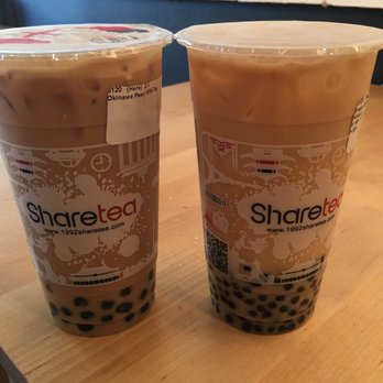 Sharetea - fresh black milk tea w/ mini boba half sweet and okinawa pearl milk tea (would get less ice next time for taste) - Bubble Tea Near Me - Santa Ana, California