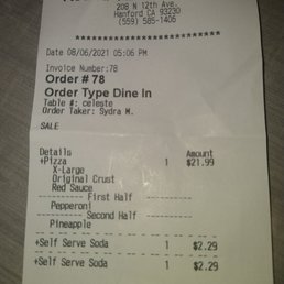 A receipt we waited 1hr a x large round table pizza   had to wait 1 hour very sad