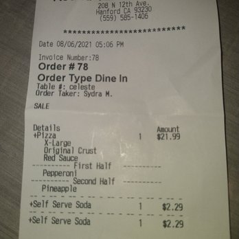 Round Table Pizza - A receipt we waited 1hr a x large round table pizza   had to wait 1 hour very sad - Pizza Near Me - Hanford, California