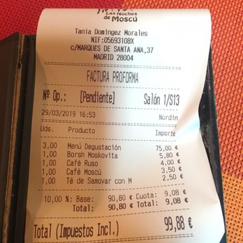 Las Noches de Moscú - The bill, for three guests - Russian Near Me - Madrid, M Las Noches de Moscú - The bill, for three guests - Russian Near Me - Madrid, M
