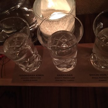 Rintaro - Sake flight - Tedorigawa Kinka, Hakkaisan, Shichi Hon Yari - Izakaya Near Me - San Francisco, California Rintaro - Sake flight - Tedorigawa Kinka, Hakkaisan, Shichi Hon Yari - Izakaya Near Me - San Francisco, California