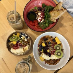 Böl - greek parfait + italian toast bowl with an iced chai latte + berry vegan pancakes with an iced latte cappuccino