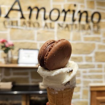 Amorino - Stracciatella kids cone with chocolate macaron - Desserts Near Me - Dallas, Texas
