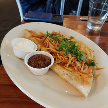 Floret - The quesadilla has roasted potatoes in it alongside the other veggies and pickled rainbow carrots! - Vegetarian Near Me - Seattle, Washington