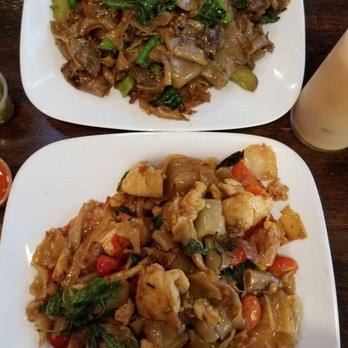 SriPraPhai Thai Restaurant - Top is pad see we, bottom is drunken noodles. On the right middle is the Thai ice tea. - Thai Near Me - Woodside, New York SriPraPhai Thai Restaurant - Top is pad see we, bottom is drunken noodles. On the right middle is the Thai ice tea. - Thai Near Me - Woodside, New York