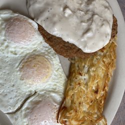 Our Place - Chicken fried steak with hashbrowns and eggs
