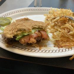 Waffle House - Senior cheeseburger, hash browns
