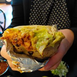 El Jumping Bean Taqueria - Vegan burrito with housemade seasoned soy protein, spanish rice and guacamole