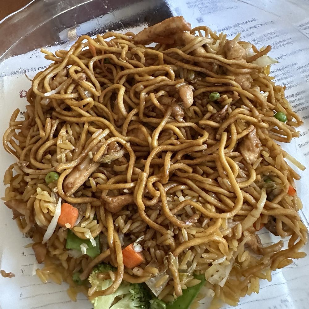 That is a lunch, special chicken lo mein with vegetable fried rice That is a lunch, special chicken lo mein with vegetable fried rice