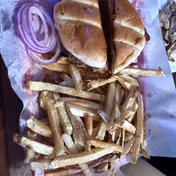 Prairie Nut Hut - Sirloin wrapped with bacon burger and home cut fries