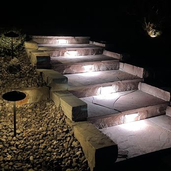 Sherpa Earthscapes - steps lit up at night - Stonemasons Near Me Sherpa Earthscapes - steps lit up at night - Stonemasons Near Me