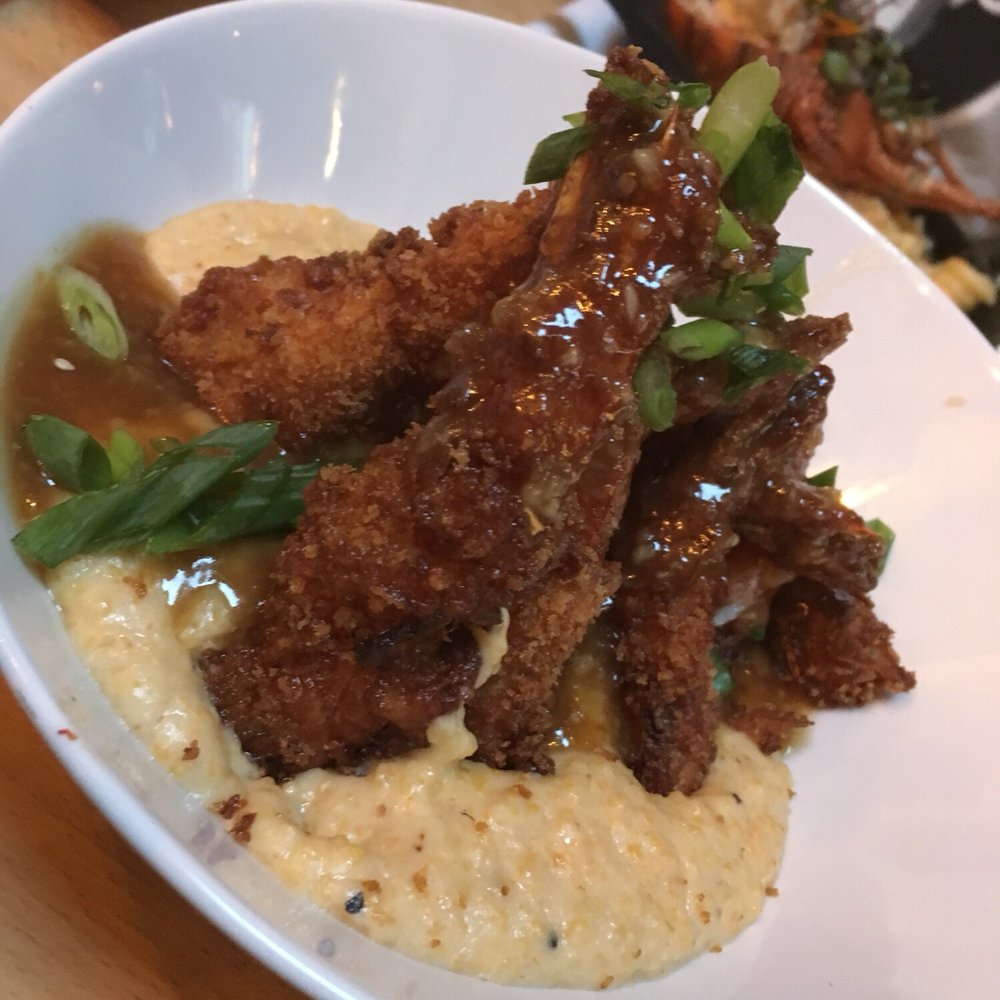 Scratch Kitchen & Taproom - Tempura Shrimp and grits. Not your average shrimp and grits. The ginger sauce over the shrimp and grits ruined this dish! - Bars Near Me - Apex, North Carolina