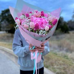 Jane's Fruits and Flowers - Pink Tulips & Hydrangea Bouquet