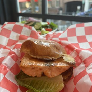 Georgetown Seafood - Baked salmon sandwich with side house salad - Seafood Near Me - Washington, DC, District of Columbia