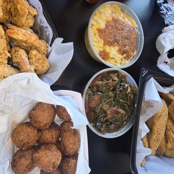 Wally's NW Soul - Seafood platter. Giant prawns collard greens hush puppies - Soul Food Near Me - Seattle, Washington Wally's NW Soul - Seafood platter. Giant prawns collard greens hush puppies - Soul Food Near Me - Seattle, Washington