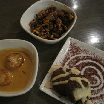 Pita Jungle - from the Happy Hour Tapas menu - Garlic Chicken w/ pine nuts, Falafel, Sauteed Scallops in Curry Sauce - Mediterranean Near Me - Mesa, Arizona