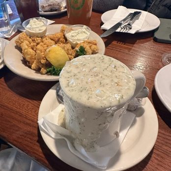 Boston Sail Loft - Clam chowder--the BEST in Boston and Fried Clam Appetizer in the back. So good - Bars Near Me - Boston, Massachusetts