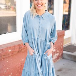 Lena Layne - Meet Anna--the chambray dress that's equal parts classic and fun. Perfect with its tiered skirt & elastic sleeves.